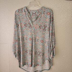 Cato Women’s Boho Paisley Print Blouse Sz L Red Teal Lightweight Tunic Top F097